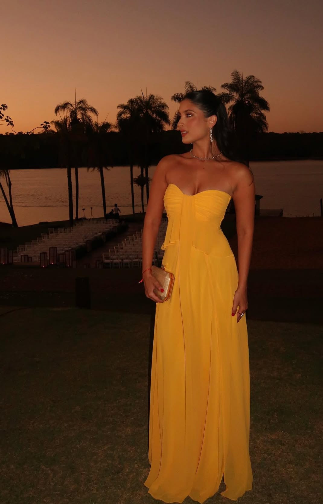 Sweetheart A Line Yellow Chiffon Prom Dress Wedding Guest Dress J7760