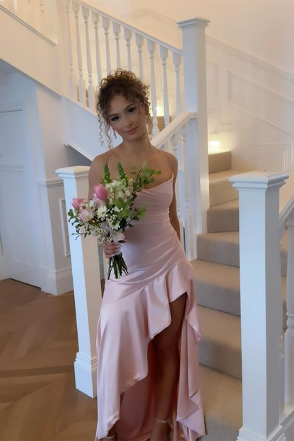 Spaghetti Straps Pink Ruffle Long Dress with Slit J8867