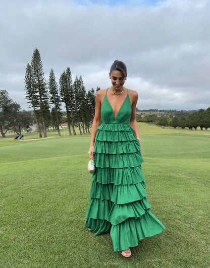 Robe de soirée de mariage trapèze à col en V et à volants J7152