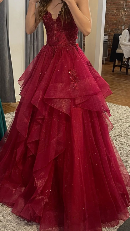 Robe de soirée longue en tulle bordeaux scintillant, coupe trapèze, J8105