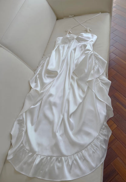 Robe de soirée formelle à volants et dos nu, coupe trapèze, J7170