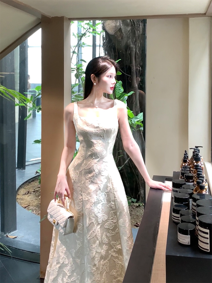 French Style Embroidery Cocktail Dress Retro Charm Slim Fit Waist Birthday Party Dress L72