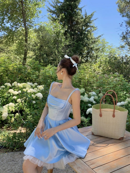 Blaues kurzes Ballkleid aus Satin in A-Linie, Heimkehrkleid, Geburtstagsoutfit J8613