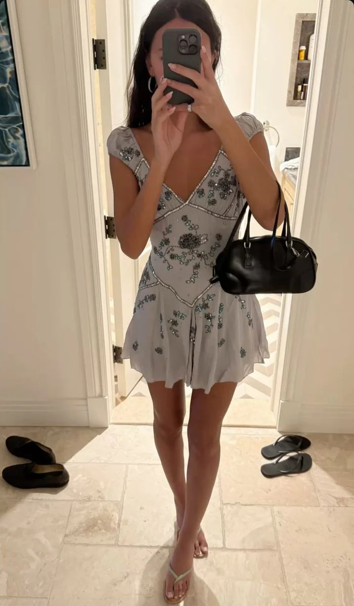 Robe de soirée vintage en mousseline de soie à col en V et perles, tenue pour 18e anniversaire, J8657