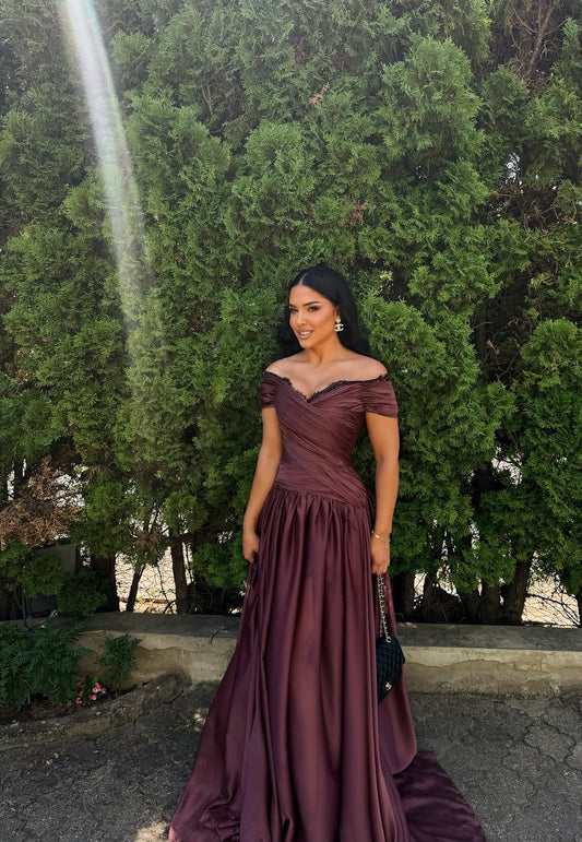 Off Shoulder Burgundy A Line Prom Dress Formal Evening Dress J7794