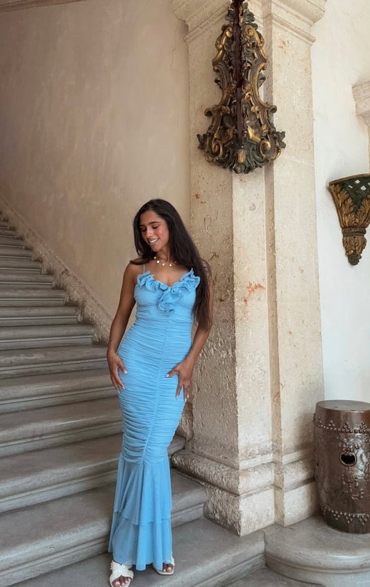 Robe de bal sirène plissée bleue, robe de soirée formelle pour invité de mariage J7027