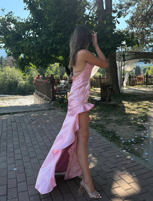 Rückenfreies, langes rosa Ballkleid mit Schlitz und Rüschen, formelles Kleid J7847