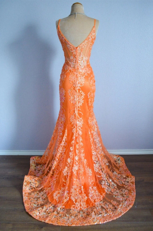 Orange Mermaid Spaghetti Straps Sequins Applique Long Formal Dress J8343