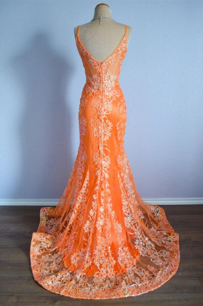 Orange Mermaid Spaghetti Straps Sequins Applique Long Formal Dress J8343