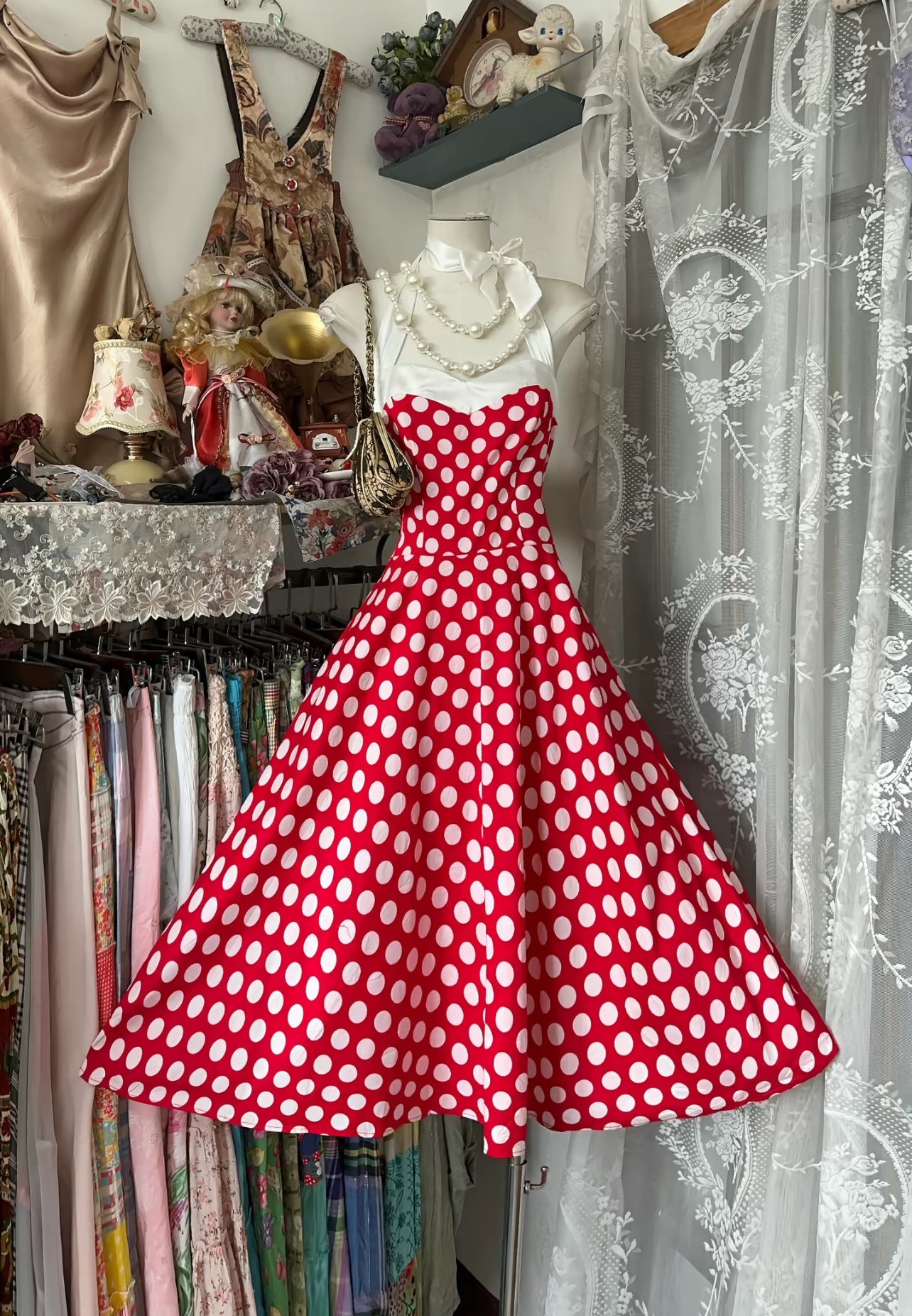 Halter Red A Line Prom Dress Polka Dots Party Dress J8521