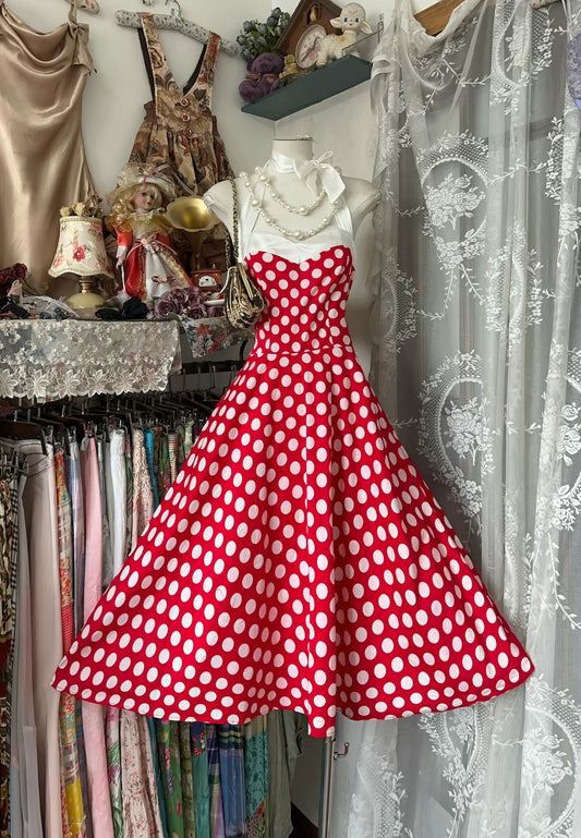 Halter Red A Line Prom Dress Polka Dots Party Dress J8521