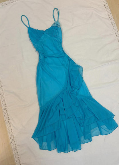 Robe de bal courte vintage à bretelles spaghetti et volants bleus J8566