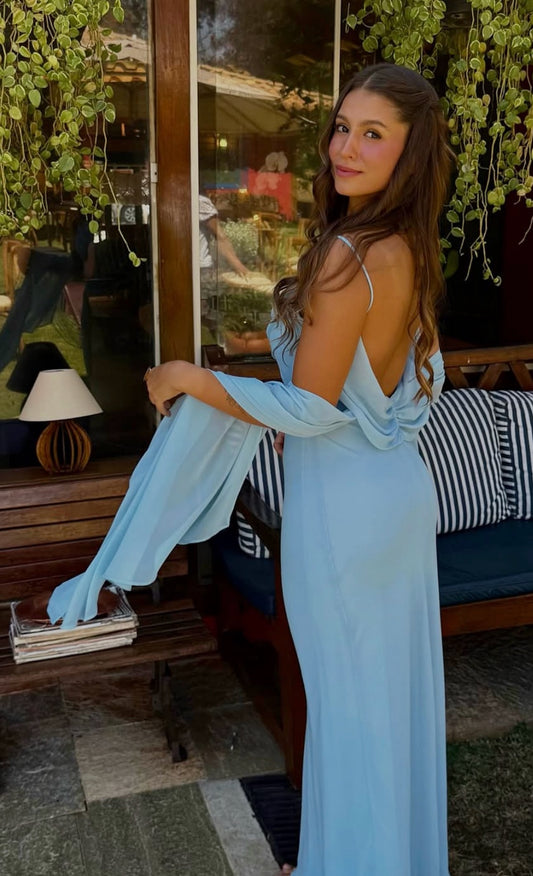 Robe de bal longue en mousseline de soie bleue à bretelles spaghetti, robe d'invitée de mariage J7968