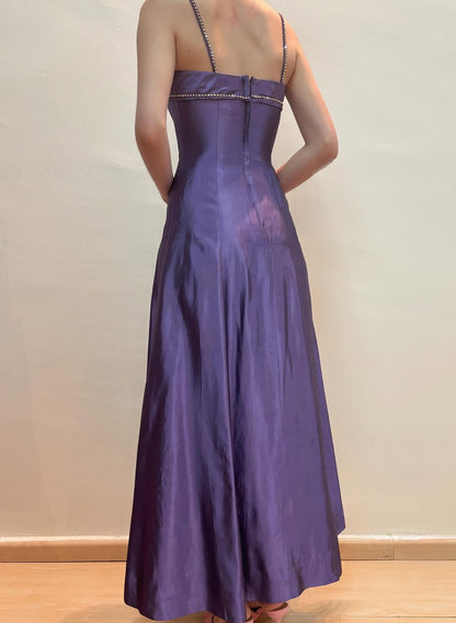 Spaghetti Straps Purple A Line Long Prom Dress Vintage Evening Dress J8553