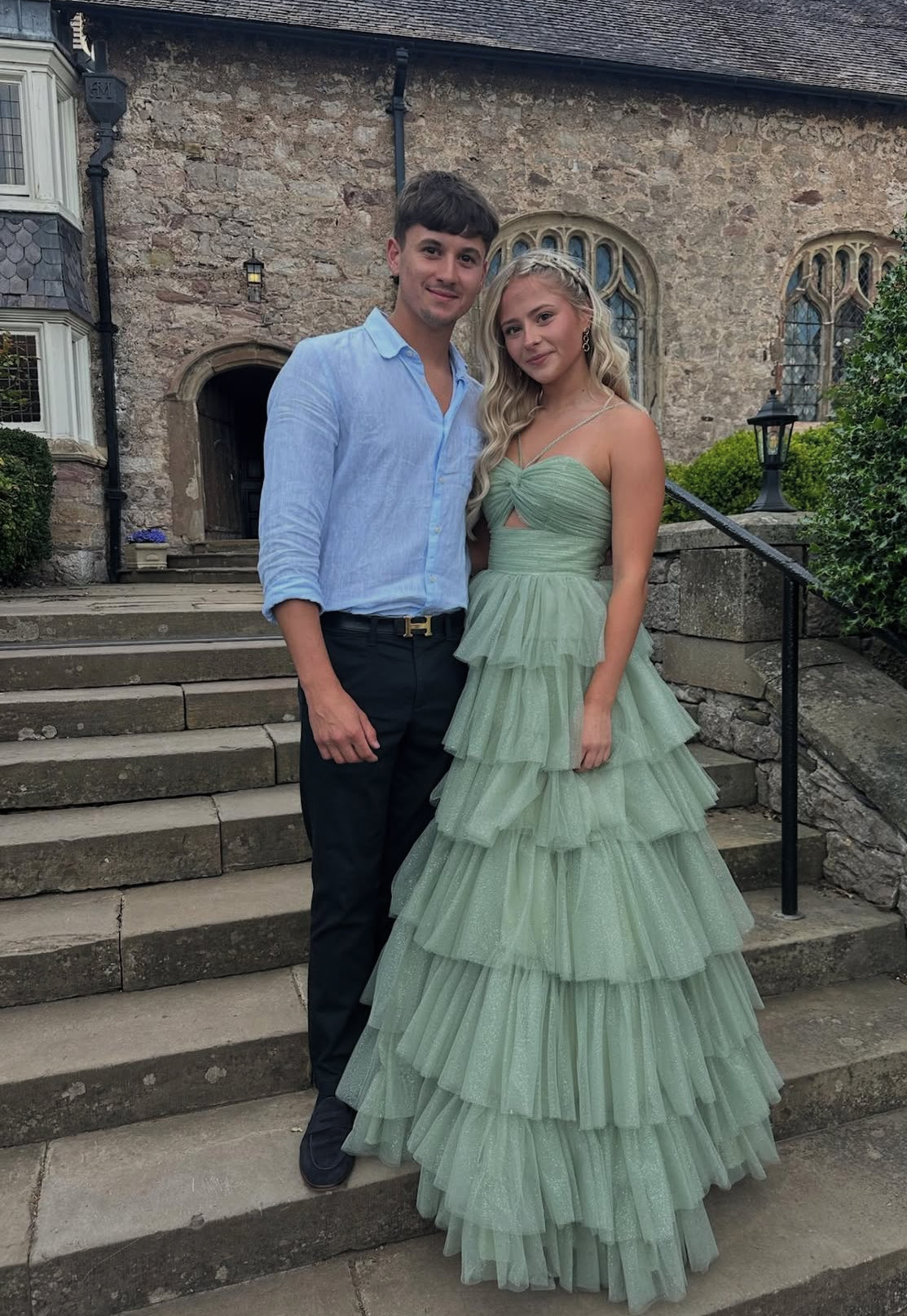 A Line Green Long Prom Dress Tiered Graduation Dress J7896