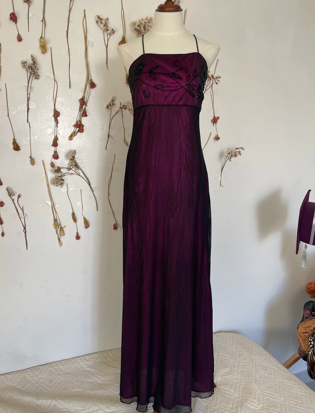 Spaghetti Straps Purple Long Prom Dress Beaded Evening Dress J8538