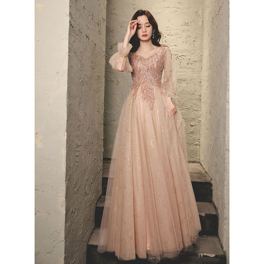 A Line Beading Long Prom Dress Pink Long Sleeves Evening Dress 118