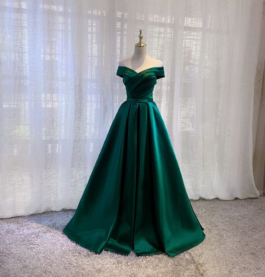 Off  Shoulder Green Long Prom Dress Satin Evening Formal Gown 258