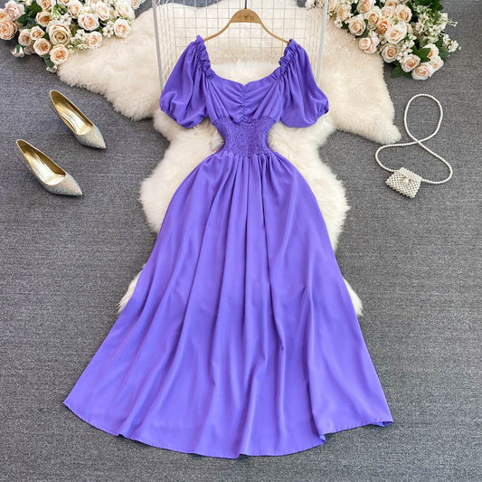 2023 Summer Korean Style V-neck Bubble Short-sleeved A-line Dress Elegant Big Swing Long Skirt 237