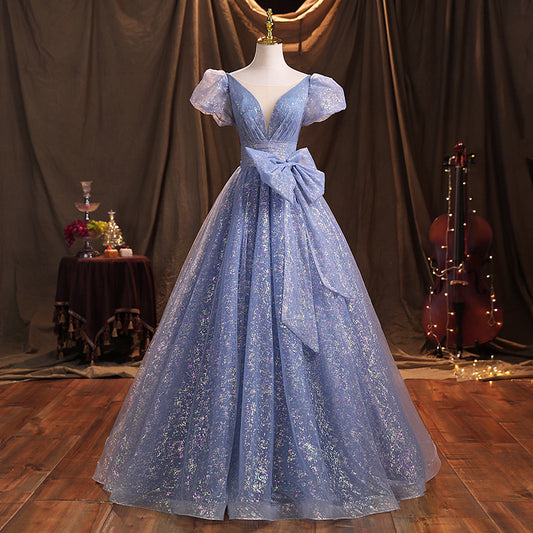 Cute Blue Birthday Party Gown with Bow Tie Long Formal Prom Dress 139