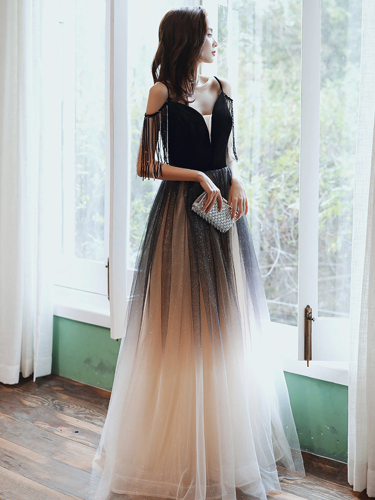 black and pink ombre prom dress Light Pink Tassel Long Prom Dress A Line Formal Dress Evening Dress 124