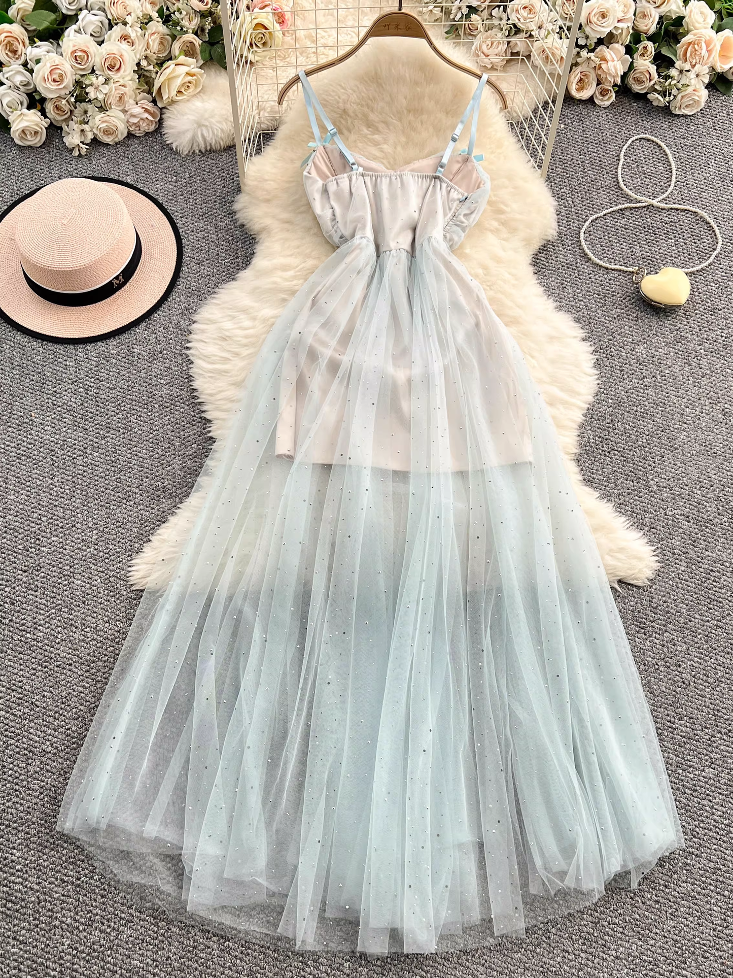 Fairy Tulle Bow Spaghetti Strap Summer Long Dress L43