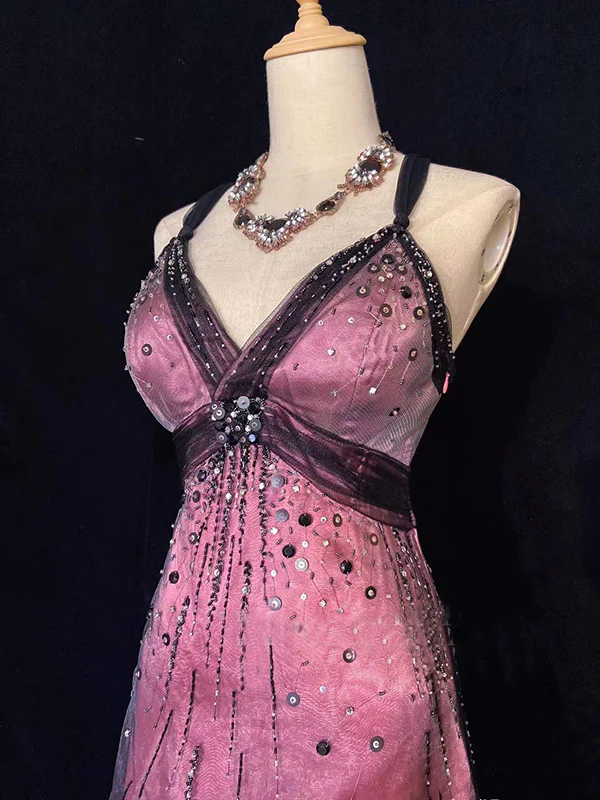 Robe de soirée courte à bretelles spaghetti et perles, coupe trapèze, J8163