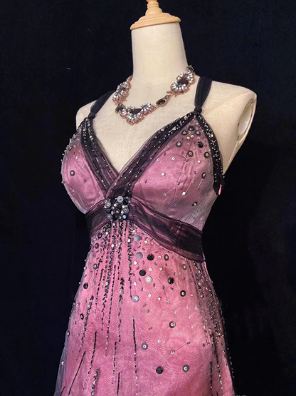 Robe de soirée courte à bretelles spaghetti et perles, coupe trapèze, J8163