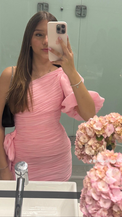 One-Shoulder-Rosa Chiffon-Kurzkleid Mini Homecoming-Kleid J7474