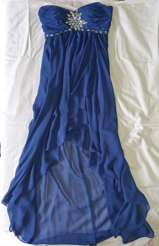 Trägerloses, königsblaues Chiffon-Ballkleid mit Perlenbesatz J8277
