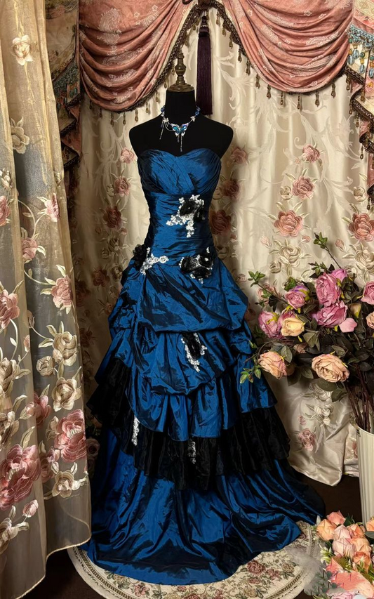 Robe de bal rétro bustier en satin bleu marine, longue robe de soirée, robes de bal J8188