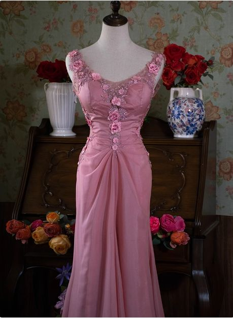 Robe de soirée longue rose dos nu à fleurs 3D, style vintage, J7890