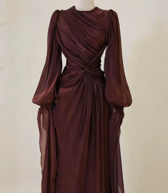 Robe de soirée bordeaux à manches longues et coupe trapèze J8160