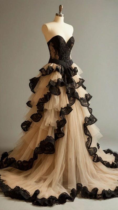 Black And Champagne Prom Gown With Layers Sweetheart Wedding Dress J8652