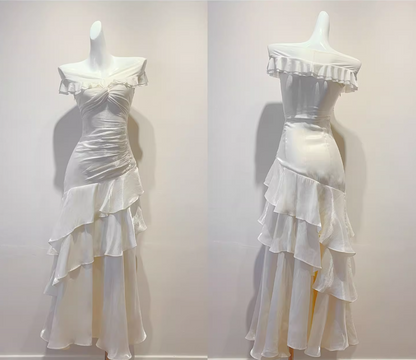 Off The Shoulder Ivory Long Prom Dress Layered Evening Dress J8606