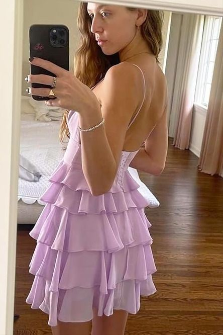 Robe de soirée courte en mousseline de soie à volants lilas J7615