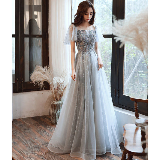 Off Shoulder A Line Tulle Prom Dress Shiny Evening Party Dress 619