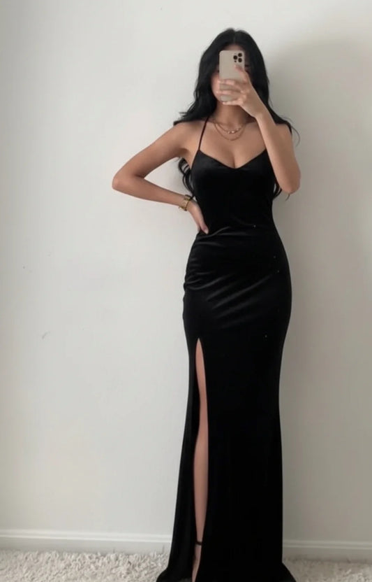 Black Velvet Sexy Prom Dress With Slit Formal Evening Party Dress  J8889