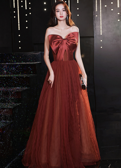 Strapless A Line Satin Bow Tie Long Prom Dress Red Evening Tulle Dress 89 - JulyProm