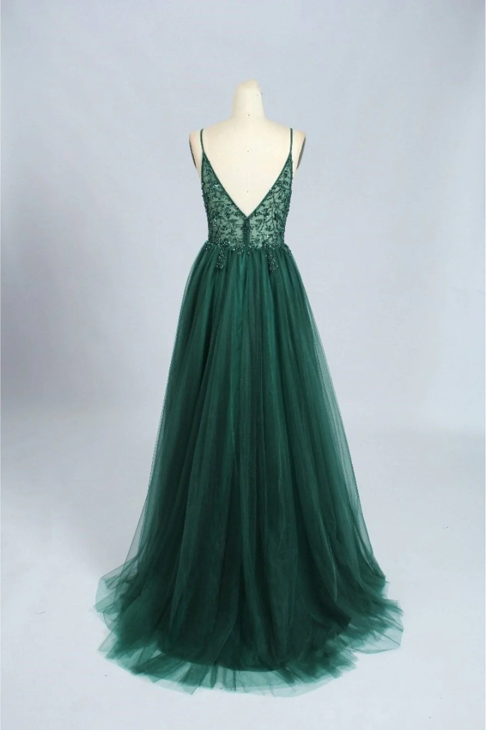 Spaghetti Strap Green A Line Long Prom Dress V Neck Formal Evening Gown Party Dress 292