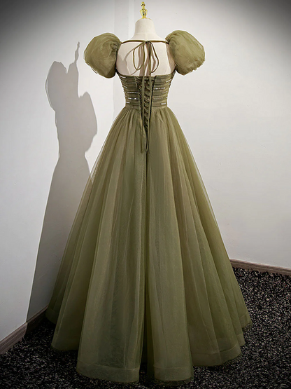 Green A Line Tulle Prom Dress Fairy Formal Party Gown Evening Dress 316