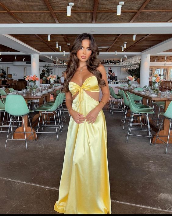 Yellow Satin A Line Long Prom Dresses J2646