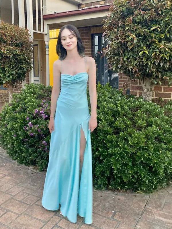 Spaghetti Straps Blue A Line Satin Long Prom Dresses With Slit J2638