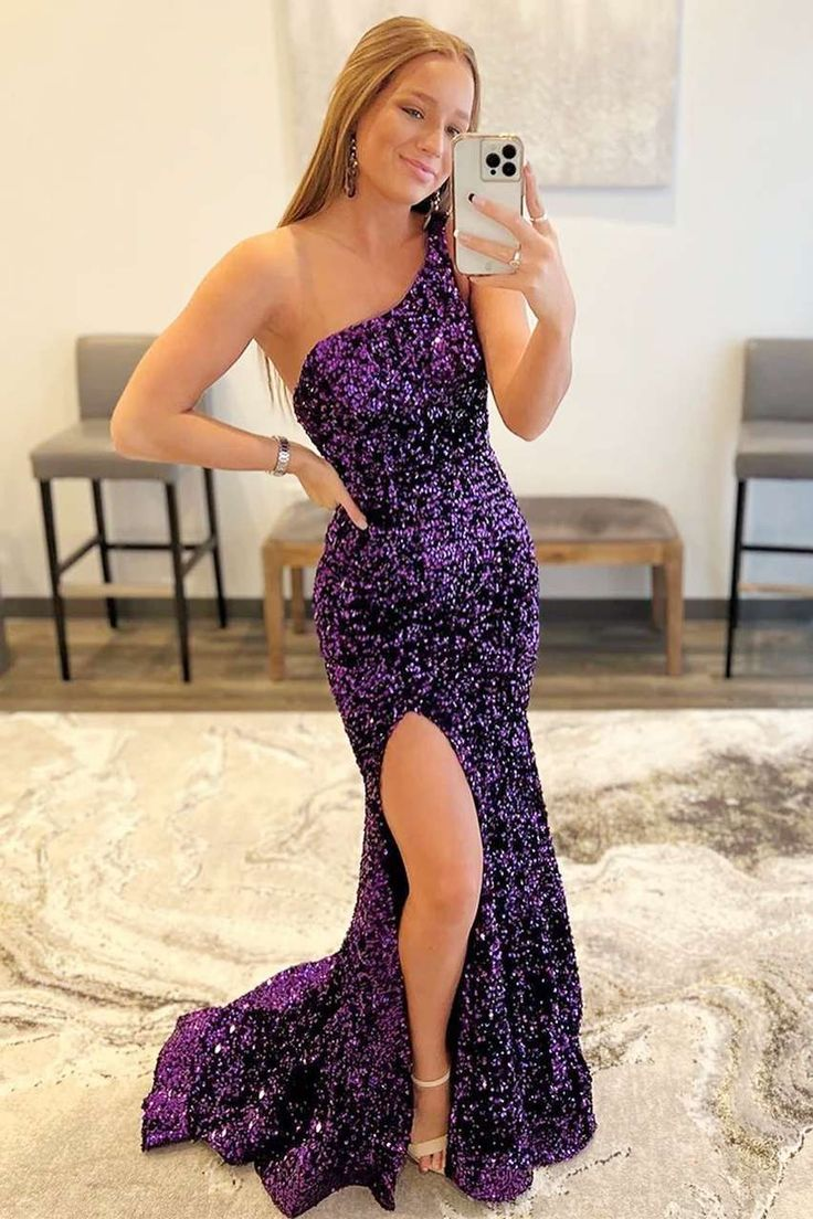 One Shoulder Purple Sequin Mermaid Prom Dress With Slit J2687