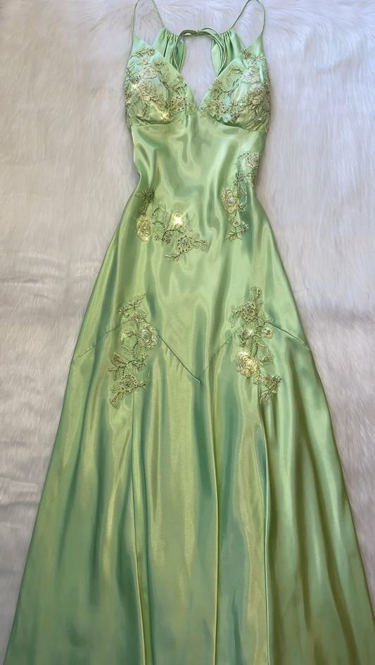 Green Satin A Line Long Prom Dresses Formal Party Dress J2669