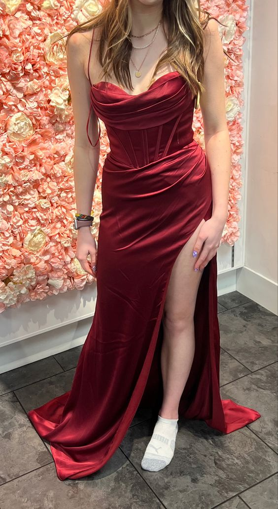 Spaghetti Straps Sheath Burgundy Long Prom Dress With Slit J2679