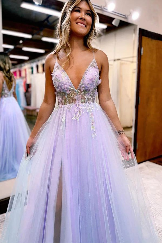 A Line V Neck Spaghetti Straps Slit Tulle Long Prom Dress J2627