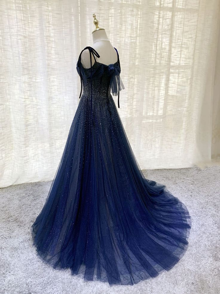 Dark Blue Tulle Sequin Long Prom Dresses A Line Birthday Party Dresses J2635