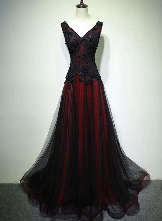 A Line Black Red V Neck Tulle Prom Dress Beaded Long Evening Gown J2692