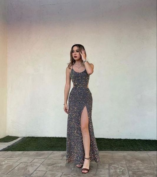 Dark Gray Sequin Sheath Long Prom Dresses With Slit J2681